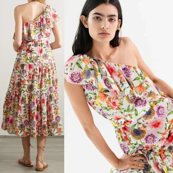 NEW Borgo De Nor Petra One Shoulder Ruffle Midi Dress Tiered Floral Print - Picture 2 of 16